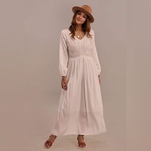 Petallush White Long Sleeve V Neck Elastic Waist Maxi Dress- S